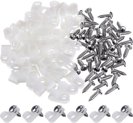 Hicarer 50 Pack R-Type Cable Clip Wire Clamp, Nylon Screw Mounting Cord Fastener Clips with 50 Pack Screws for Wire Management (White, 1/4 Inch)