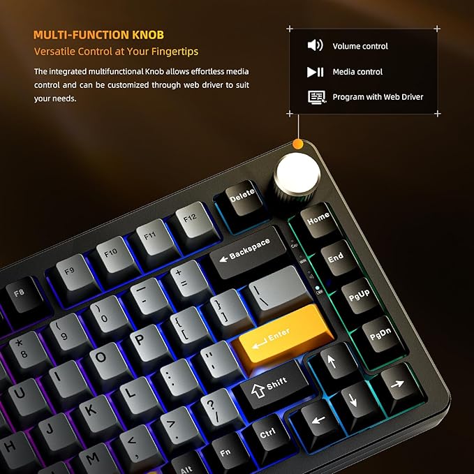 Machenike K600 B82W Gasket Mechanical Gaming Keyboard,75% Wireless Hot Swappable Gaming Keyboard with Padding&Knob,Bluetooth/2.4GHz/USB-C,RGB Backlit for PC/Tablet/Xbox/PS4/PS5