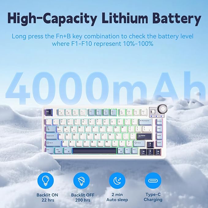 Aula AU75 Mechanical Keyboard,Wireless Gaming Keyboard with Knob,75% Hot Swappable RGB Backlit Custom PBT Keycap for Windows/Mac - Seiya Switch,Blue