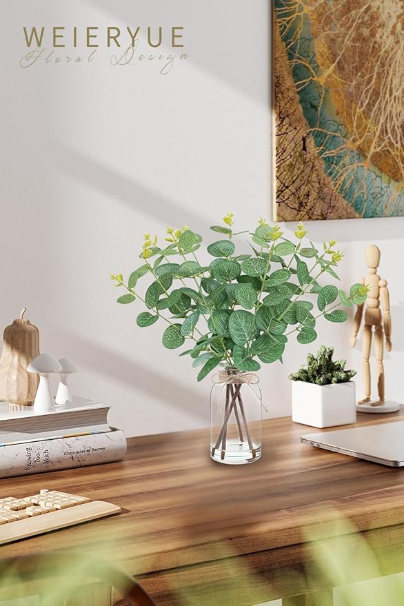 Artificial Eucalyptus Stems in Glass Vase with Faux Water,Artificial Plants Eucalyptus Leaves for Shelf Desk Bathroom Farmhouse Room Coffee Table Home Decor, Central Decoration.