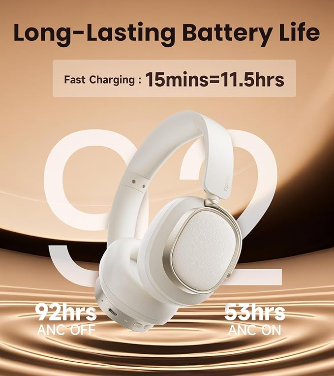 Edifier Active Noise Cancelling Headphones, Over Ear Bluetooth Headset, 92H Playtime Wired & Wireless Hi-Res Audio Certified, Fast Charging Clear Calls for Home Office Travel - Ivory