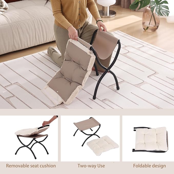 Welnow Folding Foot Stool, Upholstered Small Accent Ottoman with Detachable Thick Cotton Cushion Padded Sofa Stool and Metal Frame for Lazy Chair, Living Room, Bedroom, Plush Beige