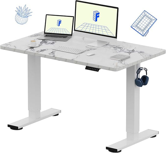 FLEXISPOT EN1 One-Piece Standing Desk 48 x 30 Inches Height Adjustable Electric Desk Sit Stand Desk Home Office Desks (White Frame + Marble Gray Top, 2 Packages)