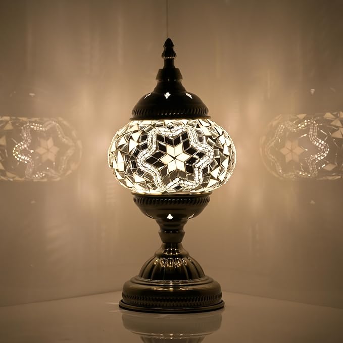 Turkish Moroccan Table Lamp Lantern with Handmade Mosaic Glass Lampshade Tiffany Style Bohemian Stained Glass Decorative Desk Lamps Bedside Night Lights for Bedroom (White 2)