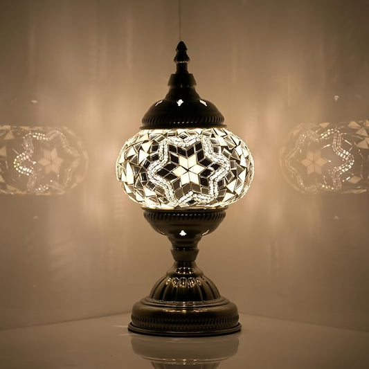 Turkish Moroccan Table Lamp Lantern with Handmade Mosaic Glass Lampshade Tiffany Style Bohemian Stained Glass Decorative Desk Lamps Bedside Night Lights for Bedroom (White 2)