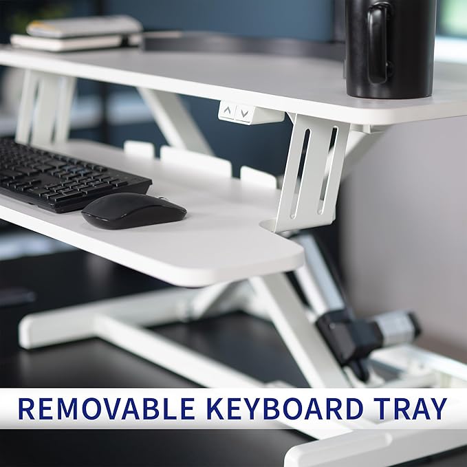 VIVO 36 inch Electric Motor Desk Converter, Height Adjustable Riser, Sit to Stand Dual Monitor and Laptop Workstation with Wide Keyboard Tray, White, DESK-VE36W