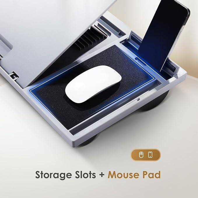 LORYERGO Adjustable Laptop Desk with Cushion, Mouse Pad & Cellphone Slot - Laptop Stand for Bed & Couch, Riser for Home & Office (Grey)