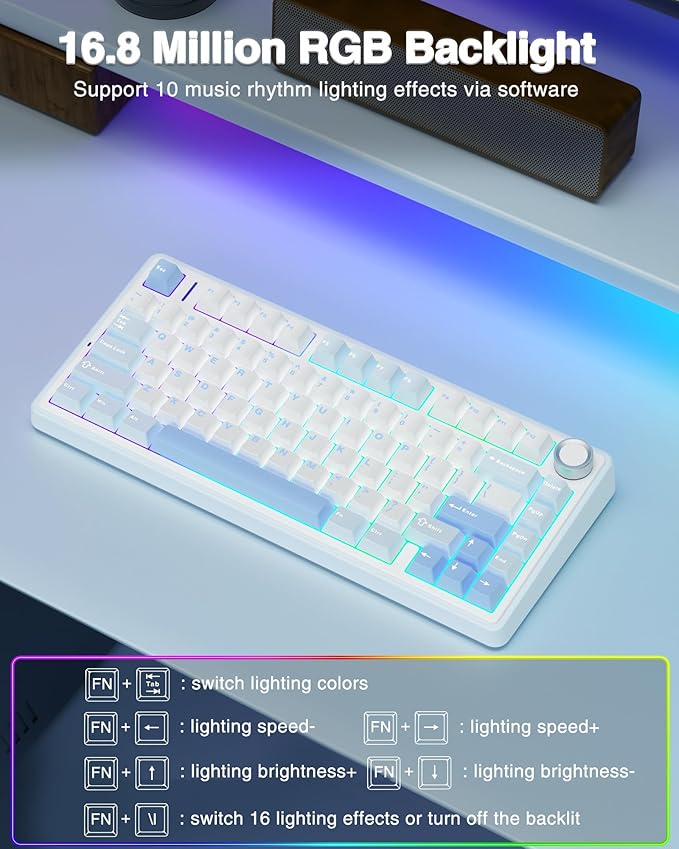 AULA F75 75% Wireless Mechanical Keyboard, Hot Swappable Creamy Keyboard, Pre-lubed Greywood Switches RGB Backlit Gaming Keyboards, 2.4GHz/Type-C/BT5.0(Salt White Blue)