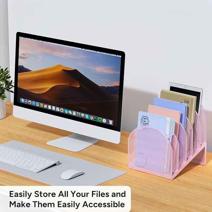 5-Section Desk File Organizer, Metal Mesh Folder Organizer for Documents, Mail & Office Papers (Pink)