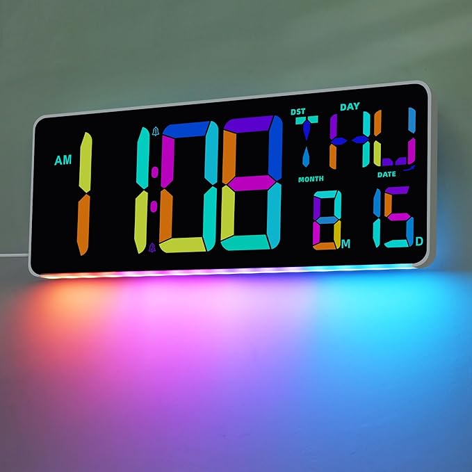 TXL 13.7" Bluetooth Large LED Digital Wall Clock with Night Light, 11 RGB Color Changing, Count Up/Down Timer Clock with Remote Control, Adjustable Brightness Wall Clock for Home, Office, Auto DST.