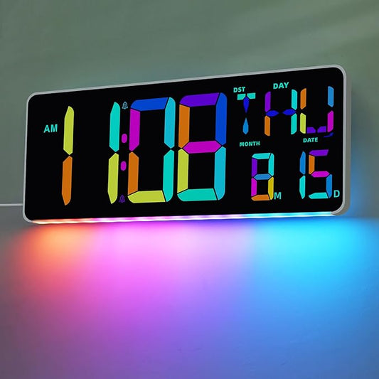 TXL 13.7" Bluetooth Large LED Digital Wall Clock with Night Light, 11 RGB Color Changing, Count Up/Down Timer Clock with Remote Control, Adjustable Brightness Wall Clock for Home, Office, Auto DST.