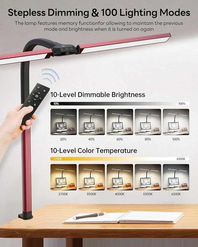 LED Desk Lamp for Home Office, Eye-Caring Desk Light with Clamp, Stepless Dimming 24W Double Head Architect Task Lamp with Remote Control, Flexible Gooseneck for Working Studying Reading Drafting（RED)