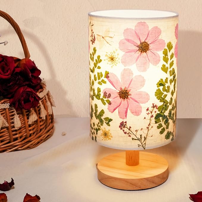 Dried Flowers Table Lamp 5W LED 3-Color Pressed Flower Bedside Lamp Linen Shade with Wood Base for Bedroom Living Room Desk Office