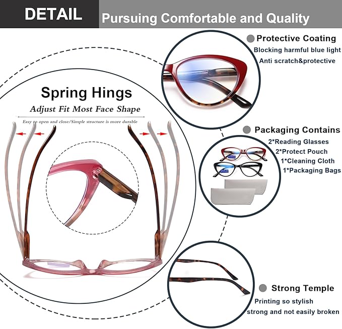 EYEURL Cat Eye Reading Glasses for Women - 2 Pack Blue Light Blocking Computer Readers 2.25 Spring Hinge Anti Glare/UV Ray Eyeglasses