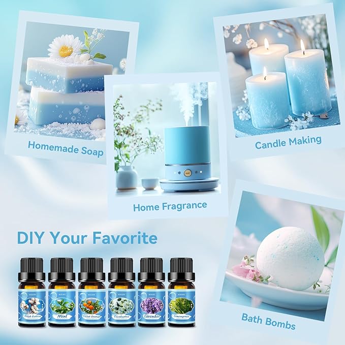 Clean Essential Oils Set for Diffuser & Candle Making | 6 Pack Premium Aromatherapy Oils Gift Set - Lavender, Eucalyptus, Mint, Sweet Orange, Lemongrass, Clean Cotton for Home, Relaxation & DIY