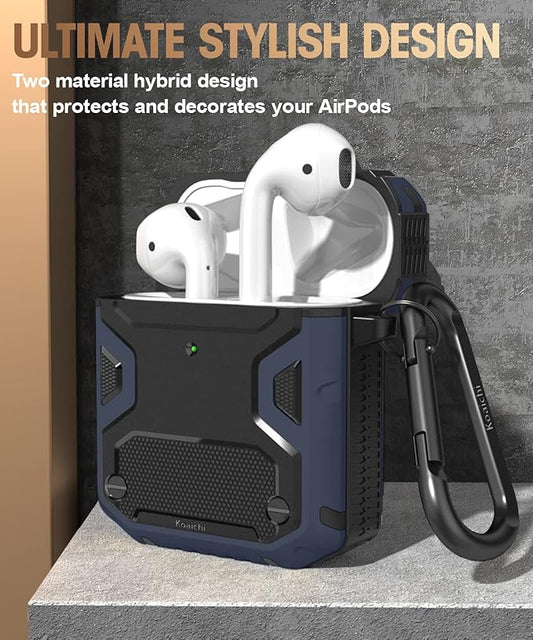 Koaichi Compatible with AirPods Case, Full-Body Rugged Hard Shell Protective Case Cover with Keychain Designed for AirPods 1st & 2nd, Black/Blue