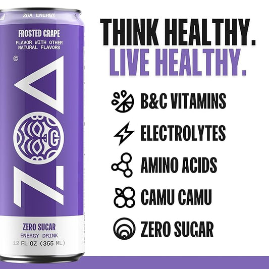 ZOA Zero Sugar Energy Drinks, Frosted Grape - Sugar Free with Electrolytes, Healthy Vitamin C, Amino Acids, Essential B-Vitamins, and Caffeine from Green Tea - 12 Fl Oz (12-Pack)