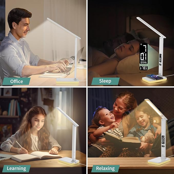 LED Desk Lamp with Wireless Charger, USB Charging Port, Reading Lamp Desk Light with 5 Brightness, 3 Colors, Table Lamp with Clock, Alarm, Date, Temperature, Desk Lamp for Home Office Study (White)