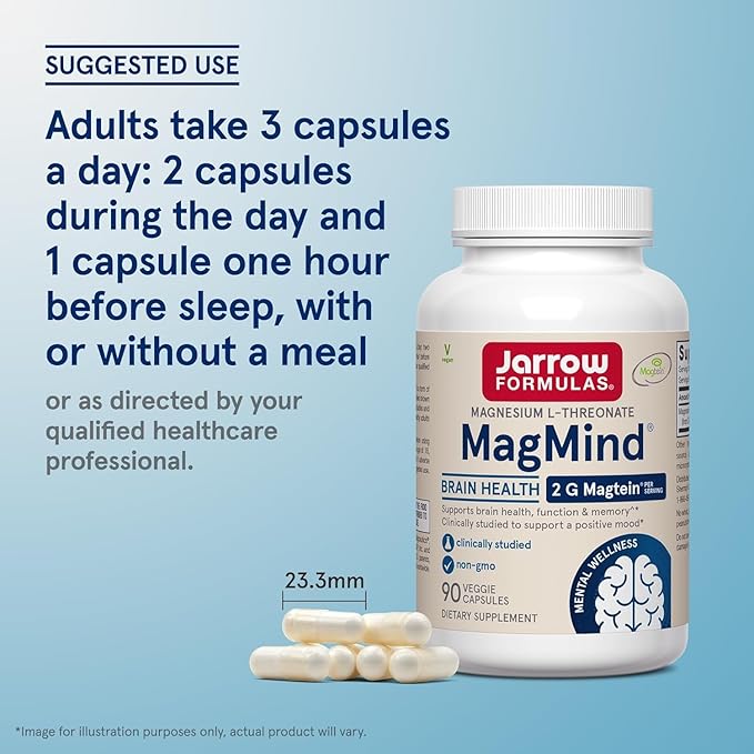 Jarrow Formulas MagMind - 90 Capsules - Includes Magnesium L-Threonate (Magtein) - Supports Brain Health & Function - 30 Servings (Pack of 2)