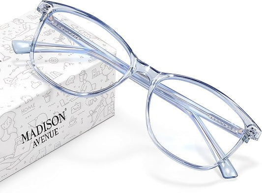 Madison Avenue Blue Light Blocking Glasses Anti Eyestrain UV Glare Blue Light Glasses for Women TV Phone Computer Gaming Eyeglasses (Clear Blue)