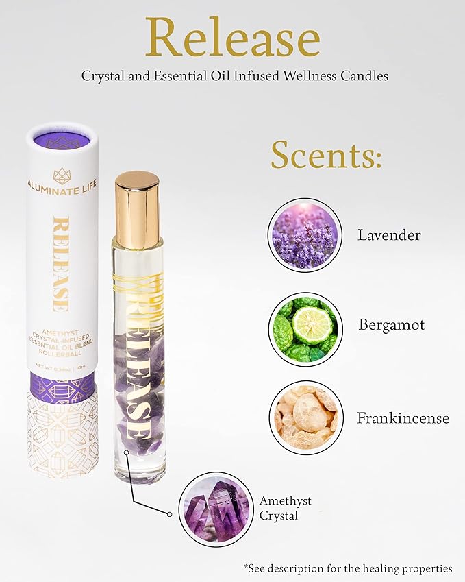 Essential Oil Rollerballs, .34 OZ, Release - Amethyst Crystal Infused - Scent of Lavender, Bergamot, & Frankincense - Aromatherapy Roll On Oils, Skin Care, Massage