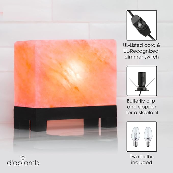 d'aplomb 100% Authentic Natural Himalayan Salt Lamp;Hand-Carved Modern Rectangle Rare Pink Crystal Rock Salt from The Himalayan Mountain; Footed Wood Base, Dimmer Cord; 11.5 lbs