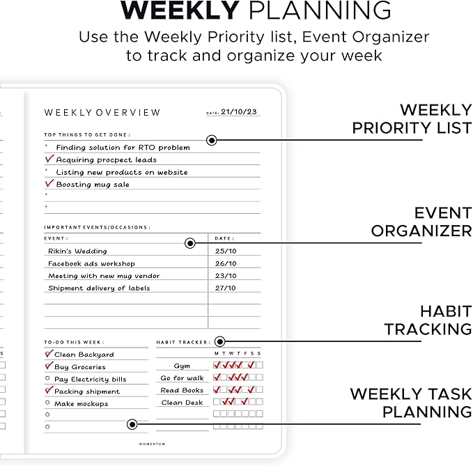 Momentum - Daily, Weekly, Monthly Productivity Planner Kit | Doodle Cover Undated A5 Size | 192 Pages Journal + Motivational Stickers & Post Card | 4 Months | Planner For Office