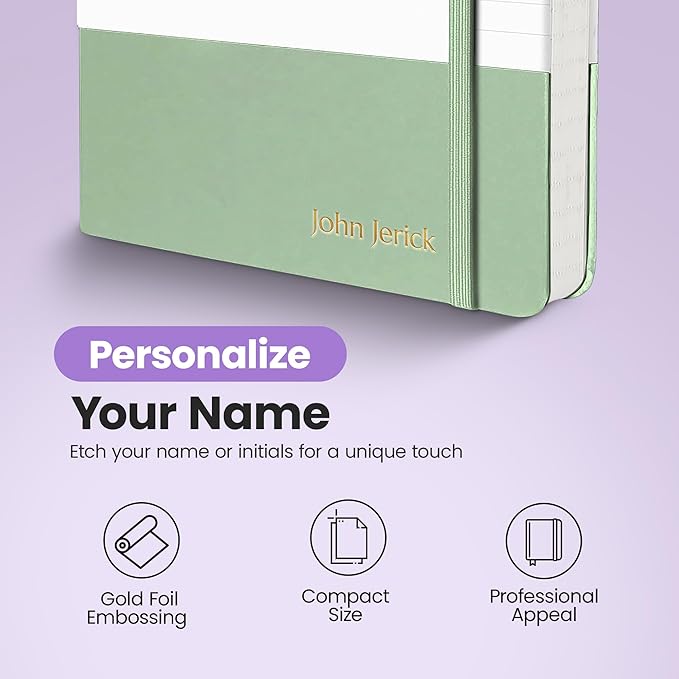 PAPERAGE Personalized Lined Journal Notebook for Writing - Customizable Text in Embossed Metallic Gold Foil, 160 Pages, 100 GSM Thick Paper, Leather Hardcover, 5.7 inches x 8 inches, Sage