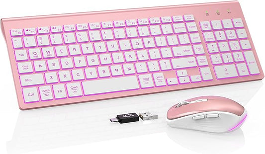 SABLUTE Wireless Keyboard and Mouse Combo Backlit - Compact Quiet Keyboard with RGB Mouse, Rechargeable, Slim, Sleep Mode, Portable Cordless Keyboard Mouse Set for Mac, Windows, Laptop, PC (Rose Gold)
