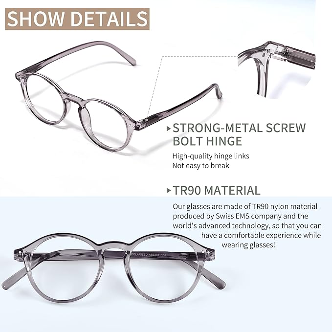 Blue Light Blocking Glasses Round Retro Computer Gaming Glasses Women Men UV Protection AB3303 (Black/Grey)