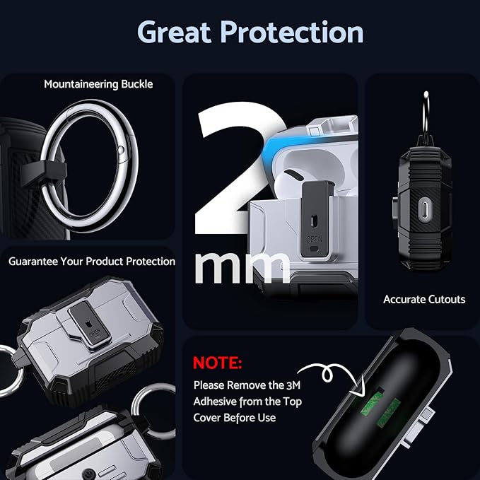 DASFOND Armor Earphone Cover Case for Airpods Pro 2, Military Grade Full Body Shockproof Protection Hard Case, Support Wireless Charging with Keychain, Magnetic Lid, Front LED Visible, Silver