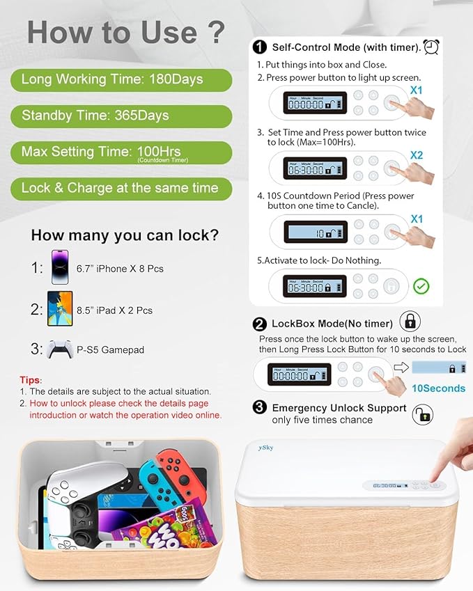 ySky Safe Timed Lock Box, Phone Lock Box with Timer Unplug from Phones,Video Games,Social Media,Snacks&Cravings,Self-Control Lockable Storage Box, Phone Locker Time Locking Container for Better Habits