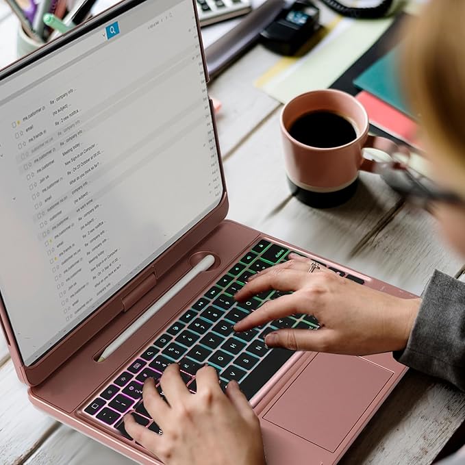 Keyboard Case for iPad Pro 12.9 inch 6th Generation 2022 5th 2021/4th 2020/3rd 2018 Gen,360 Rotatable Wireless Folio 180 Swivel Stand Hard Cover Rose Gold