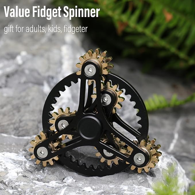 FREELOVE Gear Metal Fidget Spinner Toys for Adults, Small Mini Tiny Pockget Figette, Bike Chain, Copper Brass Hands Gyro, Quiet Silent Cool Cube for Anxiety Men (Wheel 10 Gears Linkage, Black-Brass)