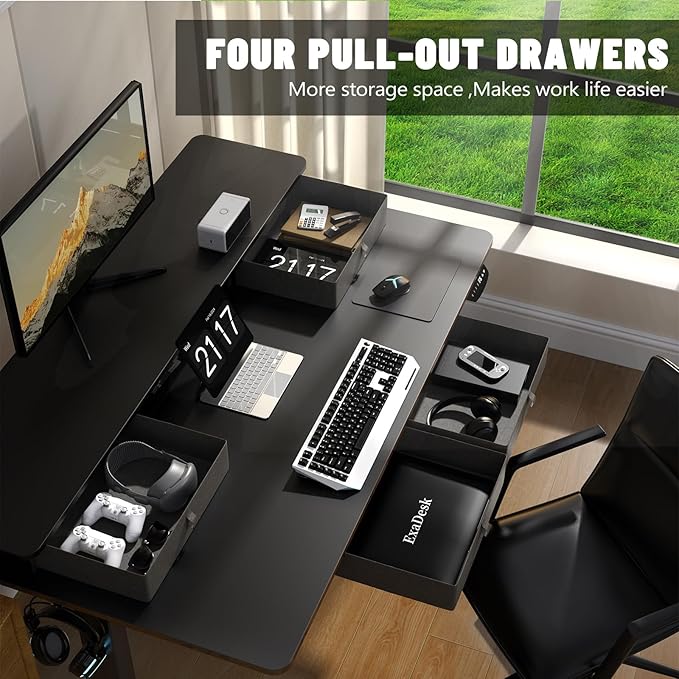 48 * 30 Inches Electric Standing Widened Desk Adjustable Height with 4 Drawers, Double Storage Shelves, Home Office Workstation Sit Stand up Desk (Classical Black)