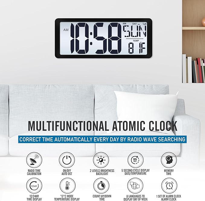 (4.6" Numbers 15 Inch Large Digital Wall Clock Battery Operated-Never Needs Setting!-Easy to Read Numbers-Easy Set-Up Auto DST