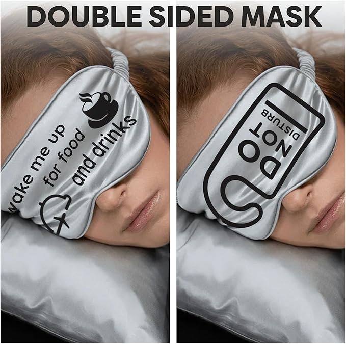 VITYA Silver Do Not Disturb/Wake Me Up Double-Sided Silk Sleep Mask for Women/Men | Light Blocking | Soft Breathable Sleep Eye Mask for Traveling on Airplane | Eye Mask with Elastic Strap (Silver)