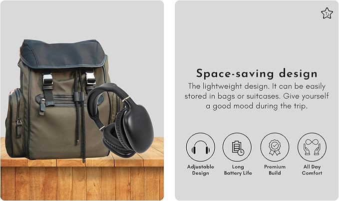 TJ Active Noise Cancellation Bluetooth Over Ear Headphones | Supersoft Leather Wireless Headset Wired Built-in MIC 24H Playtime High Res Audio Travel/Work/Students/Running/Gym(Black)