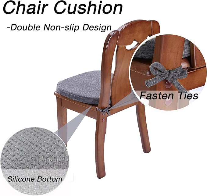 Chair Cushion with Ties for Dining Chairs - Memory Foam Non Slip Kitchen Chair Pad and Dining Seat Cushion with Machine Washable Cover Set of 4 [16.5 x 16.2 Inches] (Black Gray, 4)