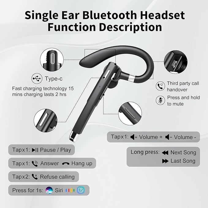Bluetooth Headset, 100Hrs Talk Time Noise Canceling Wireless Earpiece with 500mAh Charging Case, Built-in Dual Microphone 270° Rotatable Hands Free Headphones for Trucker/Office/Business/Home/Driving