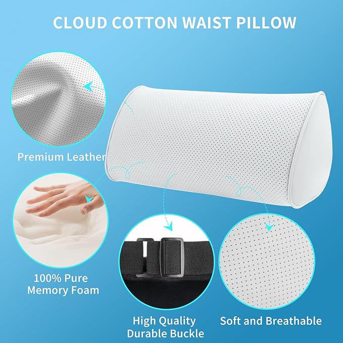 Lumbar Support Pillow for Car Seat and Office Chair, Gaming Chair, Ergonomic Memory Foam Back Cushion Lower Back Pain Relief, Luxury Leather Back Support Pillow, White, 1 Pack