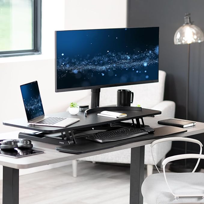 VIVO 42 inch Desk Converter, K Series, Height Adjustable Sit to Stand Riser, Dual Monitor and Laptop Workstation with Wide Keyboard Tray, Black, DESK-V042KB