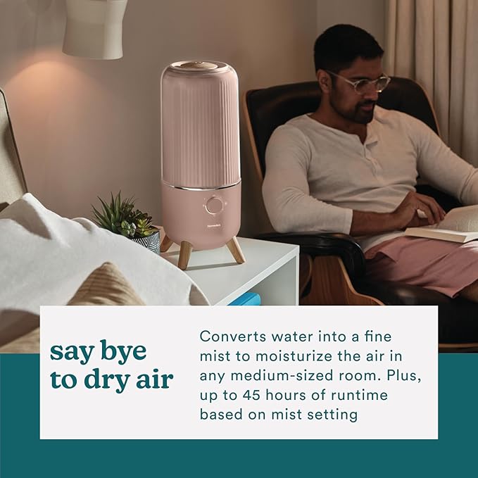 Homedics Ultrasonic Humidifier, Bedrooms and Home Offices, 0.97-Gallon Tank, 45-Hour Runtime, Visible Ultra-Quiet Cool Mist, Aromatherapy, Demineralization Cartridge, Night-Light, Auto-Off, Taupe