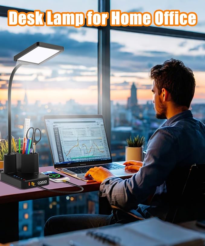 Desk Lamp, COZOO LED Desk Lamps for Home Office with USB Charging Port/Outlet/Organizer,Desk Lamp for College Dorm Eye-Caring Study Light,Gooseneck Table Lamp with Pen Holders/Storage,9 Lighting Modes