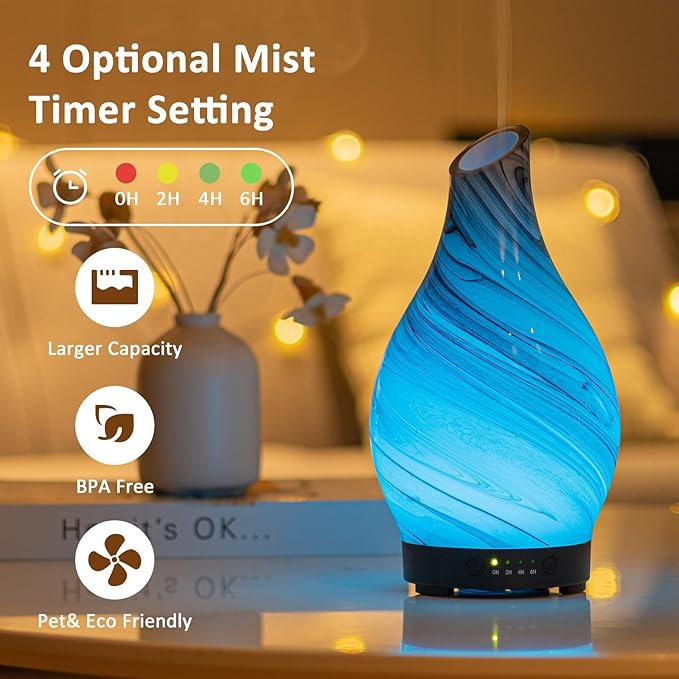 Essential Oil Diffuser Aroma Diffuser- 200 ml Art Glass Ultrasonic Cool Mist Oil Diffuser for Aromatherapy Waterless Auto-Off & 7 Colors Changed LED Light for Home Office Decor & Gift (Grey-200 ml)