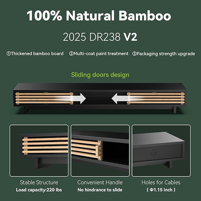 Dual Monitor Stand Riser with Sliding Door, Double Computer Laptop Stand Desk Shelf Organizer with Storage (Black + Natural Bamboo, 38 Inch)