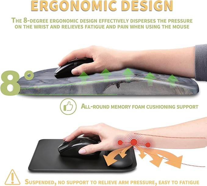 Ergonomic Mouse Pad With Wrist Rest Support, Massage Design Relief Carpal Tunnel Pain, Memory Foam Non-Slip for Wireless Mouse, Marble Cluudy