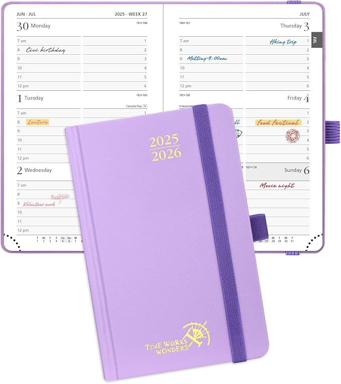 POPRUN Pocket Planner 2025-2026, (Purse Size 4''x 6.25'' Hard Cover) Academic Year Calendar Daily Weekly and Monthly (July 25-June 26) with Hourly Time Slots, 100 GSM Paper - Violet