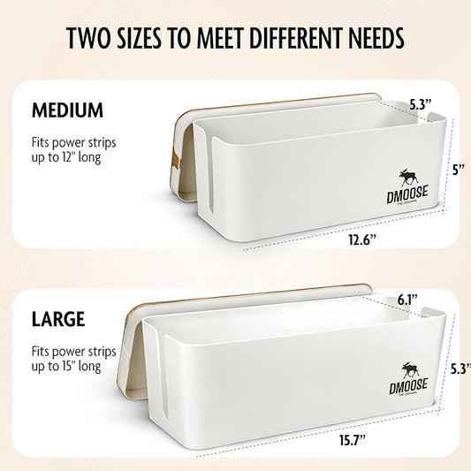 DMoose Cable Management Box - 2 Pack Medium & Large Cord Organizer for Desk & Floor, Cable Organizer Box for Child & Pet - Cable Box Hider for Tidy Office & Home (Wood Print Lid, White Box, Pack of 2)