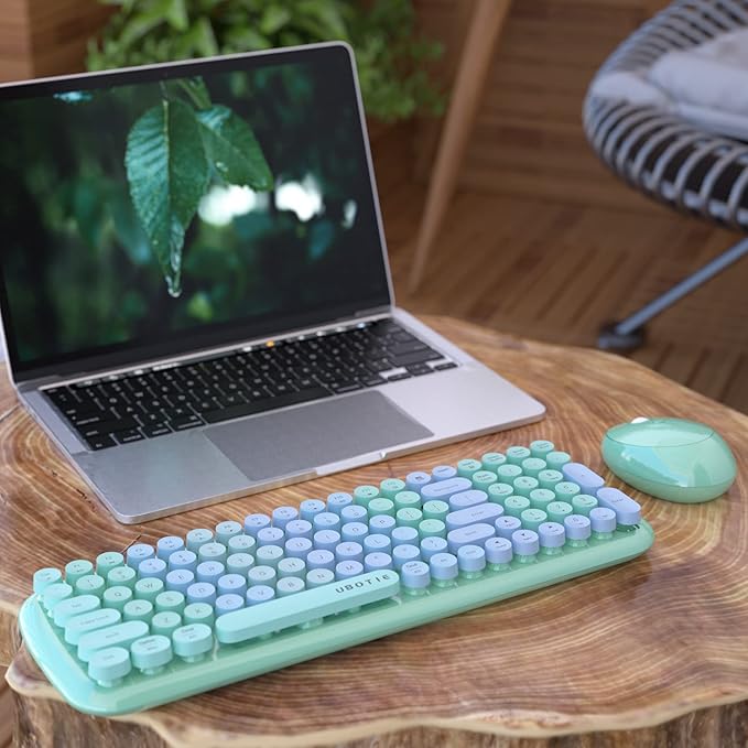 Wireless Keyboards and Mouse Combos, UBOTIE Colorful Gradient Rainbow Colored Retro Typewriter Flexible Keyboard, 2.4GHz Connection and Optical Mouse (New Green Colorful)